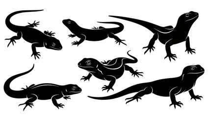 Assortment of black lizard and gecko silhouettes depicting various reptile forms and dynamic poses for educational graphics and design projects