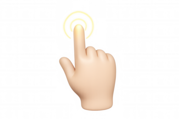 3d rendering of a cartoon hand with an index finger pressing a glowing virtual button, demonstrating interaction and selection