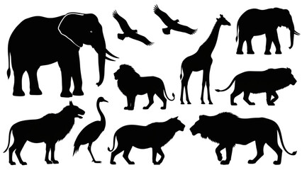 African Wildlife Silhouette Collection Elephant, Lion, Giraffe, and Bird Icons