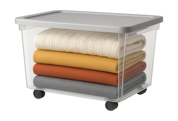 Clear wheeled storage bin for seasonal clothing, perfect for under-bed storage.