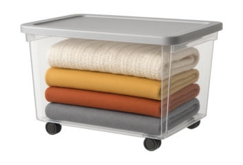 Clear wheeled storage bin for seasonal clothing, perfect for under-bed storage.