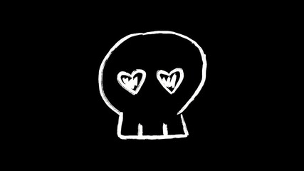 Hand Drawn Looping Skull with Heart Eyes Doodle Animation: Grunge, Halloween, Love, and Punk Rock Black Background Footage