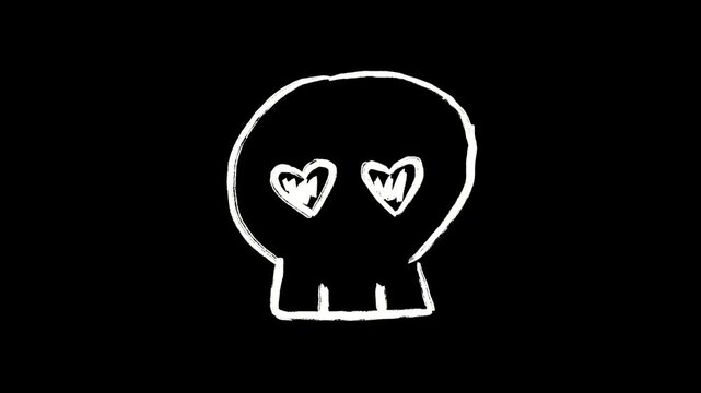 Hand Drawn Looping Skull with Heart Eyes Doodle Animation: Grunge, Halloween, Love, and Punk Rock Black Background Footage