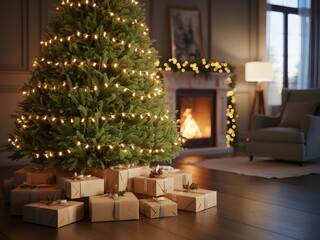 Cozy christmas eve scene with a beautifully decorated evergreen tree adorned with warm fairy lights and presents beneath