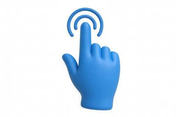 Blue 3d hand cursor icon with finger pointing and tapping, depicting click, touch, and digital interaction. Transparent background