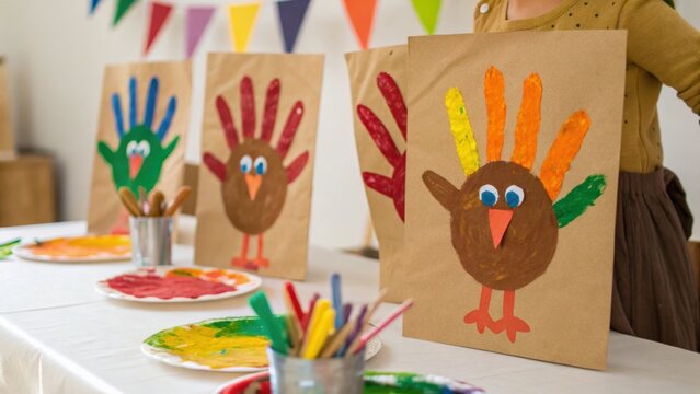 thanksgiving craft ideas Colorful handprint turkeys displayed on a table for a festive craft activity.