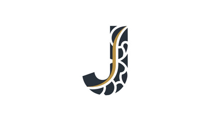 A dark blue letter J with a golden outline and an interior mosaic design on a white background