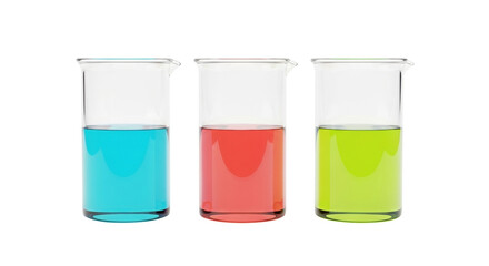 Isolated beakers containing liquids, various primary colors are in the laboratory glass