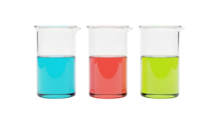 Isolated beakers containing liquids, various primary colors are in the laboratory glass