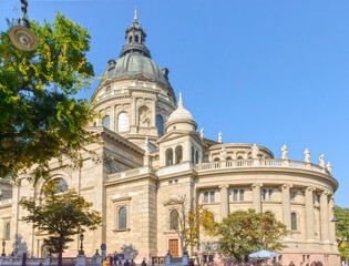 Closeup view of St. Stephen's Basilica in Budapest, Hungary.