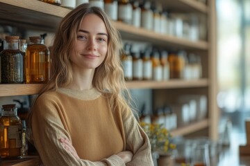 Smiling woman in cozy shop surrounded by jars and natural products