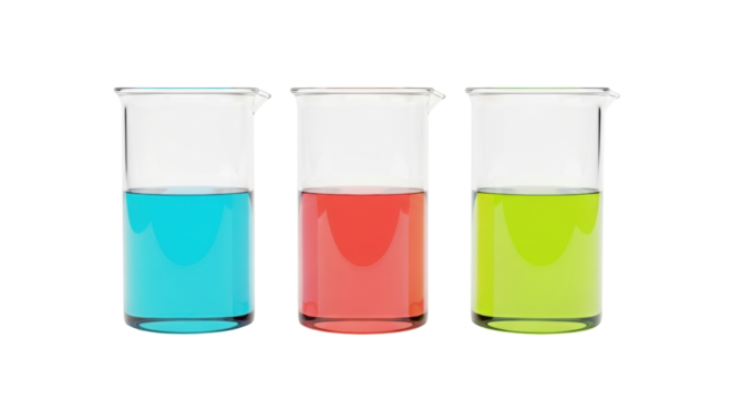 Isolated beakers containing liquids, various primary colors are in the laboratory glass