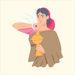 Indian Woman Performing Ritual with Aarti Lamp – Spiritual Cultural Vector on Beige Background
