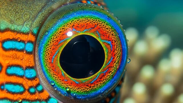 Close-up of colorful fish eye underwater with visible water drops