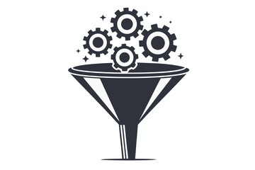 Gears and sparkly stars flow into a funnel, highlighting precision and filtering