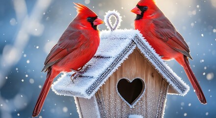 A close-up shot capturing two red cardinals closely perched on a small heart-adorned birdhouse