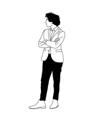 Minimalist black and white vector of a confident person in business casual attire with arms crossed. Clean line art, afro hairstyle, professional pose, modern style on transparent background