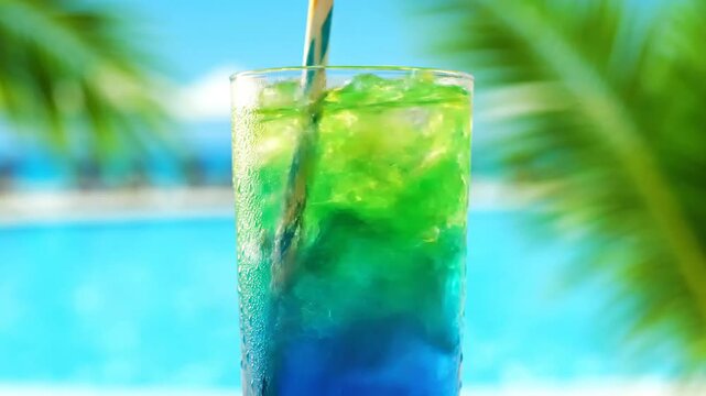 Refreshing summer cocktail poolside suitable for tropical vacations, resorts, travel ads, restaurant menu, holiday promotion, beach bar, social media banner