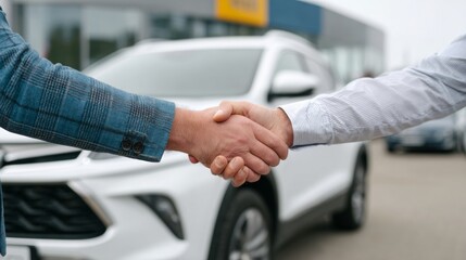 Two individuals shake hands to celebrate the sale of a car on the dealership lot, showing agreement and satisfaction