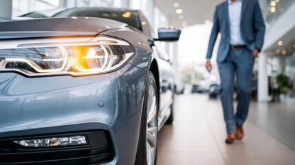 A person walks by a luxury car in a well-lit showroom during a sale event, highlighting an upscale shopping experience
