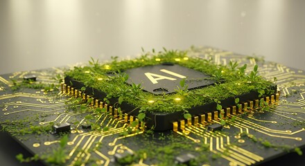 AI chip with green sprouts and golden circuits