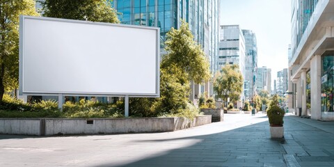 Ultra wide billboard mockup in a modern urban setting with greenery, ideal for outdoor advertising and promotional campaigns with copy space