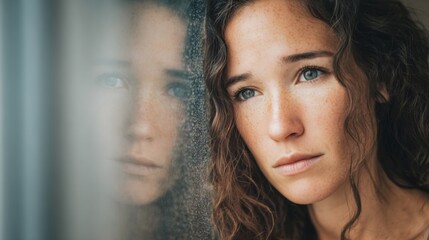 Woman gazing thoughtfully through glass, her double reflection creating a poignant moment, exploring themes of mental health and neurodiversity