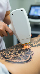 Woman undergoing laser tattoo removal procedure on her back. Modern cosmetic treatment for unwanted body art. Skincare equipment.