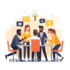 A diverse team of business professionals collaborates around a table, brainstorming new ideas and communicating effectively in a modern office setting.