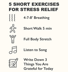 Infographic: 5 short exercises to relieve stress. Simple exercises to relieve stress.