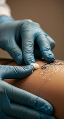 Woman's hand in blue glove applying cream on tattoo during removal procedure. Laser tattoo removal session. Medical aesthetic treatment.