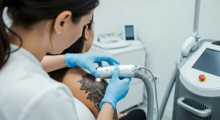 Woman undergoing laser tattoo removal procedure with a specialist. Medical treatment for aesthetic skin care.