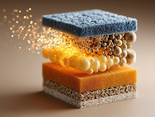 Warm Toned Multi-layer 3D Structure with Blue Plush Surface, Orange Smooth Layer and Honeycomb Grid Particles