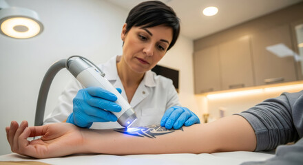 Woman doctor performing laser tattoo removal on patient arm. Modern cosmetic procedure in dermatology clinic. Skin treatment service concept.