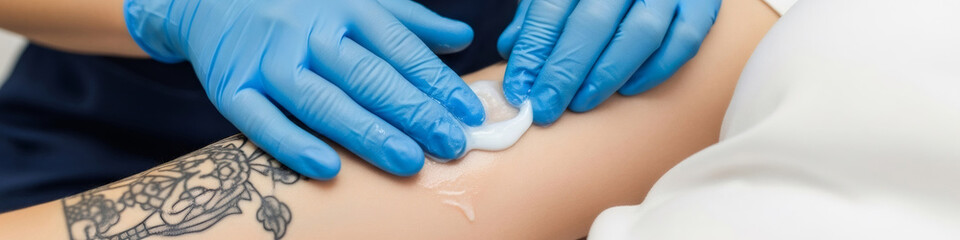 Woman preparing tattooed skin for laser removal procedure. Cosmetologist applying gel on arm. Tattoo removal concept.