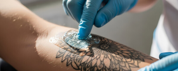 Woman's arm with tattoo covered in clear gel before laser tattoo removal procedure. Cosmetic treatment.