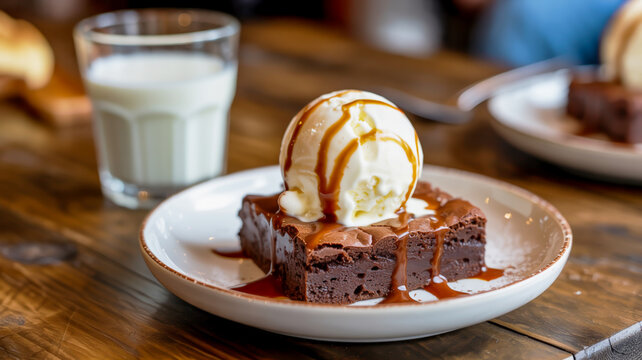 Decadent chocolate brownie sundae with vanilla ice cream and a glass of milk