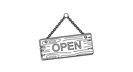 A hand drawn illustration of an open sign hanging from a chain