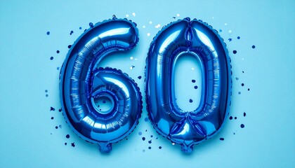 Blue balloon number 60 with confetti on solid colored background. Photo for anniversary or birthday party