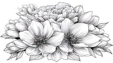 Detailed sketch of a delicate bouquet of blooming flowers.
