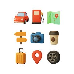 Collection of travel and adventure icons isolated on transparent background