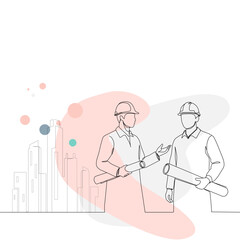 Flat line art of construction engineer holding blueprint with cityscape in the background. Minimal design with abstract shapes and soft colors.