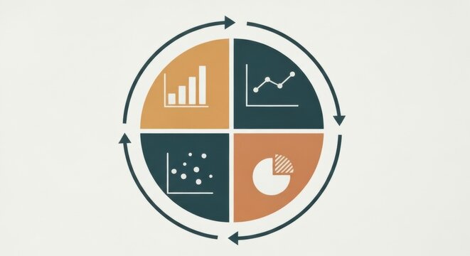 Circular diagram with four quadrants showing business analytics graphs and data charts in orange and teal colors on a textured background with a circular arrow
