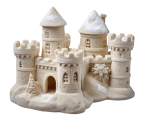 Whimsical miniature snow castle made of sand, festive winter decoration. This enchanting fairytale fortress with tower and turret evokes magical holiday feelings