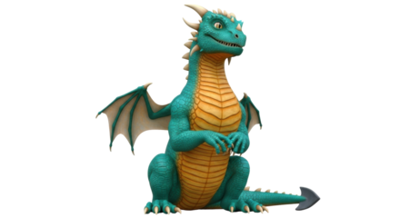 Isolated green cartoon dragon with yellow belly and wings sitting down, digital rendering