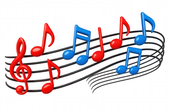 Red and blue 3d music notes, treble clef, and staff lines creating a flowing melody on transparent background