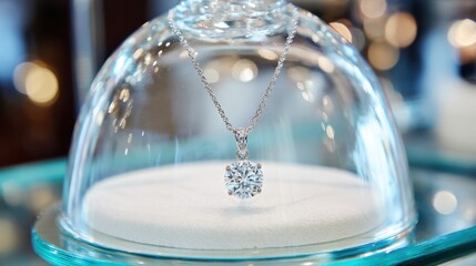 Elegant diamond pendant showcased under a glass display dome with soft lighting and blurred background for jewelry presentation