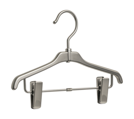 Adjustable metal hanger with clips, perfect for displaying various garment sizes in stores.