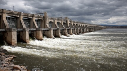 Obraz premium Impressive Hydroelectric Dam Under Dramatic Sky Showcasing Powerful Water Flow