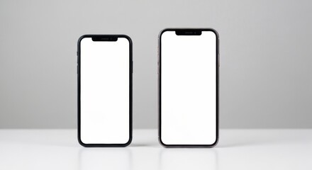 Two modern smartphones side by side displaying blank white screens with black bezels on a white surface in studio lighting